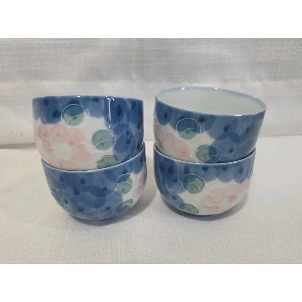 Vintage JAPAN Hand Painted Oriental Flower Textured Design Tea Cup 4 Blue Pink